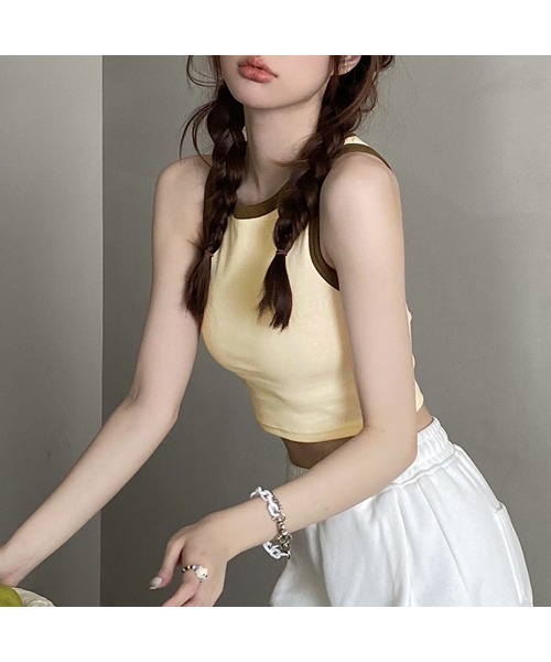 PRIVATE  BEACH（プライベートビーチ）の「クロップド丈配色カップ付タンクトップ（タンクトップ・レディース・ブラック/アイボリー/ブラウン/ホワイト・FREE）」の10枚目の写真