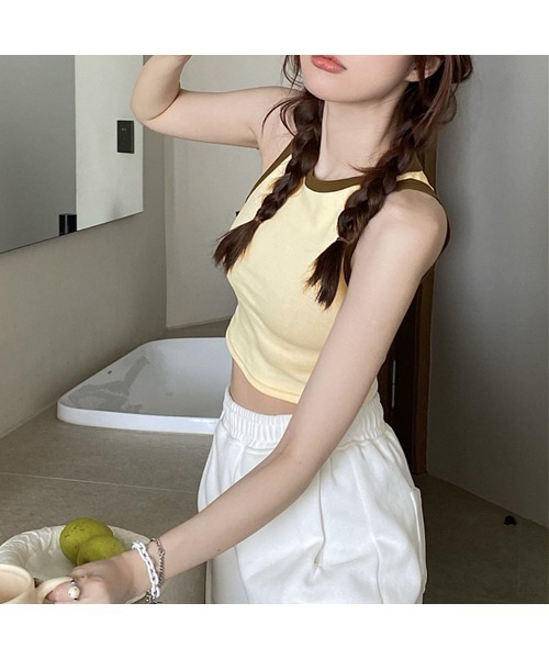 PRIVATE  BEACH（プライベートビーチ）の「クロップド丈配色カップ付タンクトップ（タンクトップ・レディース・ブラック/アイボリー/ブラウン/ホワイト・FREE）」の11枚目の写真