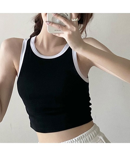 PRIVATE  BEACH（プライベートビーチ）の「クロップド丈配色カップ付タンクトップ（タンクトップ・レディース・ブラック/アイボリー/ブラウン/ホワイト・FREE）」の12枚目の写真