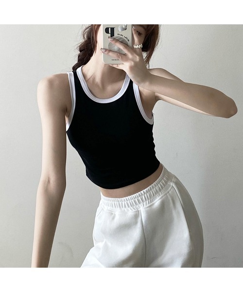 PRIVATE  BEACH（プライベートビーチ）の「クロップド丈配色カップ付タンクトップ（タンクトップ・レディース・ブラック/アイボリー/ブラウン/ホワイト・FREE）」の13枚目の写真