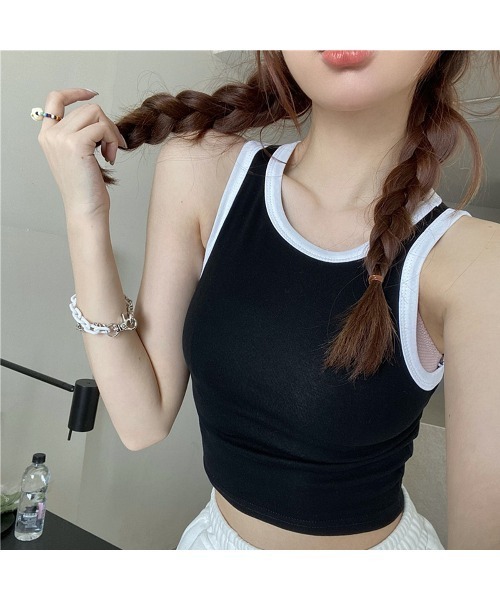 PRIVATE  BEACH（プライベートビーチ）の「クロップド丈配色カップ付タンクトップ（タンクトップ・レディース・ブラック/アイボリー/ブラウン/ホワイト・FREE）」の14枚目の写真