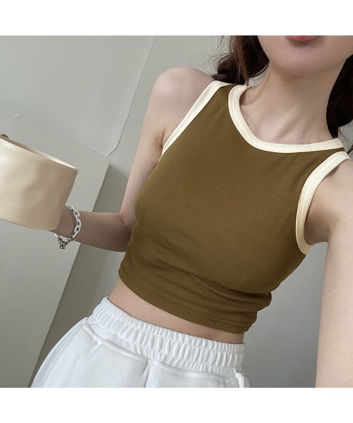 PRIVATE  BEACH（プライベートビーチ）の「クロップド丈配色カップ付タンクトップ（タンクトップ・レディース・ブラック/アイボリー/ブラウン/ホワイト・FREE）」の15枚目の写真