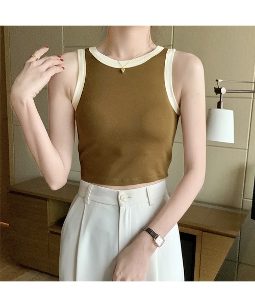 PRIVATE  BEACH（プライベートビーチ）の「クロップド丈配色カップ付タンクトップ（タンクトップ・レディース・ブラック/アイボリー/ブラウン/ホワイト・FREE）」の17枚目の写真