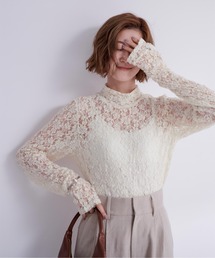 UR'S | ﾌｨﾝｶﾞｰﾎｰﾙ付ﾚｰｽﾊｲﾈｯｸﾄｯﾌﾟｽ(Tシャツ/カットソー)