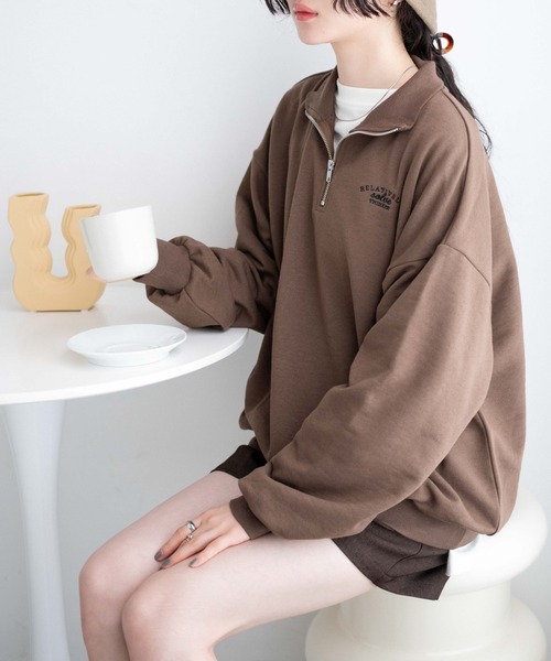 WEGO（ウィゴー）の「WEGO/ハーフジップBIGスウェット（スウェット・レディース・杢グレー/ピンク/ブラウン/オフホワイト/スミクロ/その他1/その他2/その他3/ブラック/その他4/ブルー/その他5・FREE）」の6枚目の写真