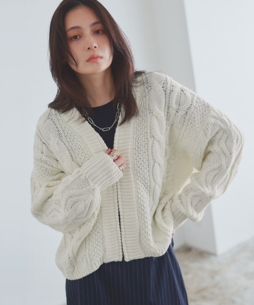 RASW（ラス）の「[RASW]ウール混ケーブルジップカーディガン（カーディガン/ボレロ・レディース・アイボリー/スミクロ/杢グレー・M/L）」の5枚目の写真