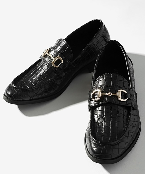 猫モチーフ 黒レザー ローファー セール】【SOMEDIFF】クロコローファー メンズ PUレザー フェイク