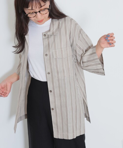 Demi-Luxe BEAMS(デミルクス ビームス)の「Demi-Luxe BEAMS / リネン混 ストライプ シャツ(シャツ/ブラウス・レディース・ブラック系その他/ベージュ系その他・FREE)」の1枚目の写真