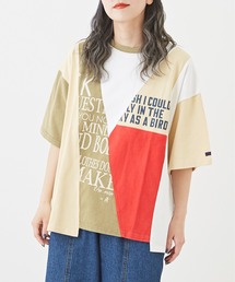 パウダー加工カットソー切替ロゴリメイク風Tシャツ