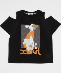 女の子プリント肩開き半袖Tシャツ