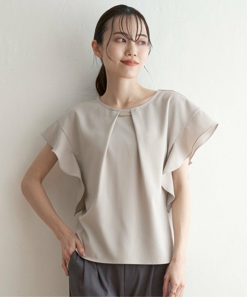 IKKA LOUNGE(イッカラウンジ)の「麻調バー付きブラウス(シャツ/ブラウス・レディース・ベージュ/ネイビー/ブルー系その他/キャメル・M/L/S)」の2枚目の写真