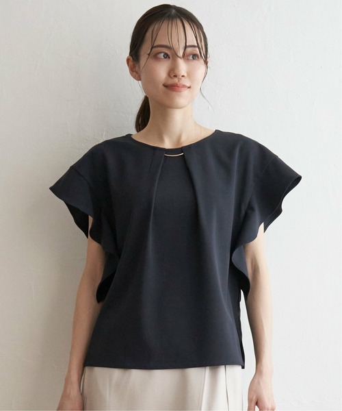 IKKA LOUNGE(イッカラウンジ)の「麻調バー付きブラウス(シャツ/ブラウス・レディース・ベージュ/ネイビー/ブルー系その他/キャメル・M/L/S)」の1枚目の写真