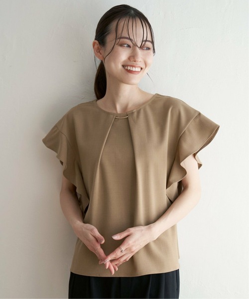 IKKA LOUNGE(イッカラウンジ)の「麻調バー付きブラウス(シャツ/ブラウス・レディース・ベージュ/ネイビー/ブルー系その他/キャメル・M/L/S)」の4枚目の写真