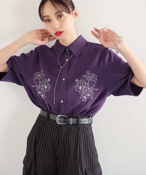 HARE(ハレ)の「トロミシシュウシャツ(HARE)(シャツ/ブラウス・レディース・ホワイト/ブラック/パープル・FREE)」の8枚目の写真