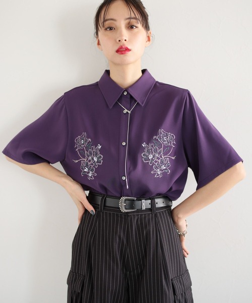 HARE(ハレ)の「トロミシシュウシャツ(HARE)(シャツ/ブラウス・レディース・ホワイト/ブラック/パープル・FREE)」の11枚目の写真