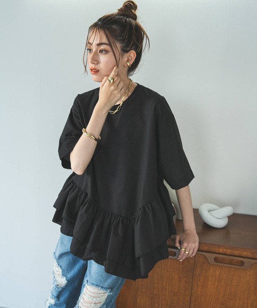 bohmal(ボマール)の「ブロードペプラムハーフスリーブブラウス(Tシャツ/カットソー・レディース・ブラック/ホワイト・MEDIUM)」の2枚目の写真