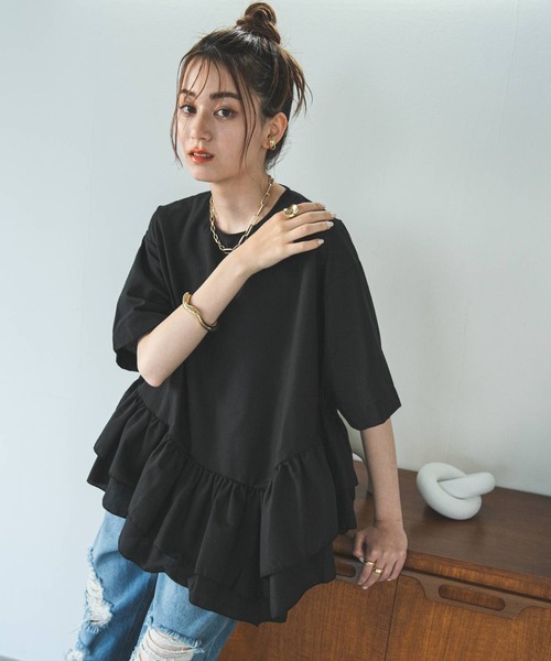 bohmal(ボマール)の「ブロードペプラムハーフスリーブブラウス(Tシャツ/カットソー・レディース・ブラック/ホワイト・MEDIUM)」の18枚目の写真