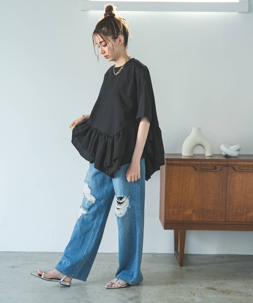 bohmal(ボマール)の「ブロードペプラムハーフスリーブブラウス(Tシャツ/カットソー・レディース・ブラック/ホワイト・MEDIUM)」の10枚目の写真