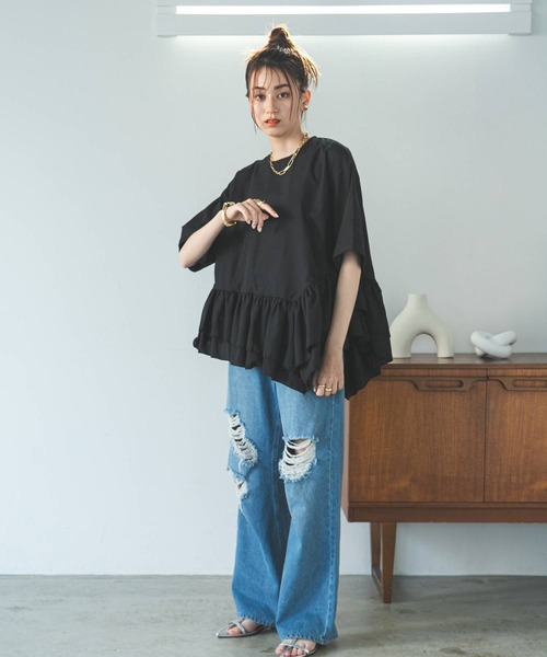 bohmal(ボマール)の「ブロードペプラムハーフスリーブブラウス(Tシャツ/カットソー・レディース・ブラック/ホワイト・MEDIUM)」の8枚目の写真