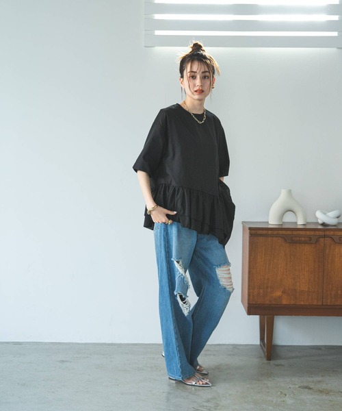 bohmal(ボマール)の「ブロードペプラムハーフスリーブブラウス(Tシャツ/カットソー・レディース・ブラック/ホワイト・MEDIUM)」の13枚目の写真