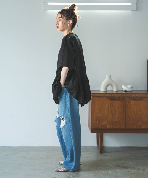 bohmal(ボマール)の「ブロードペプラムハーフスリーブブラウス(Tシャツ/カットソー・レディース・ブラック/ホワイト・MEDIUM)」の5枚目の写真