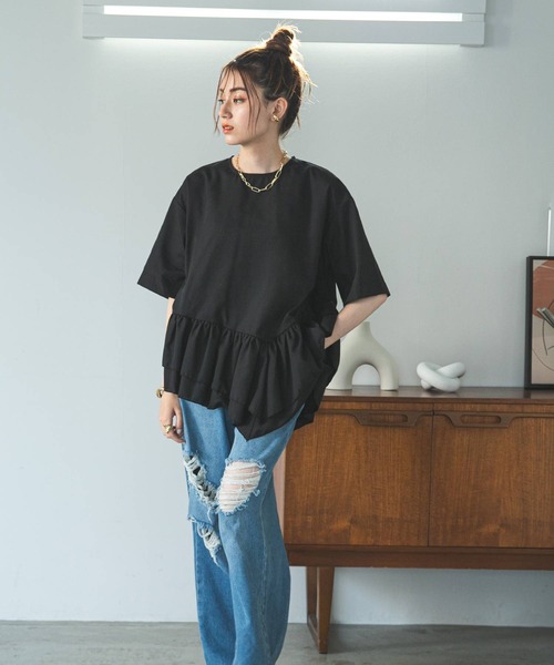 bohmal(ボマール)の「ブロードペプラムハーフスリーブブラウス(Tシャツ/カットソー・レディース・ブラック/ホワイト・MEDIUM)」の16枚目の写真