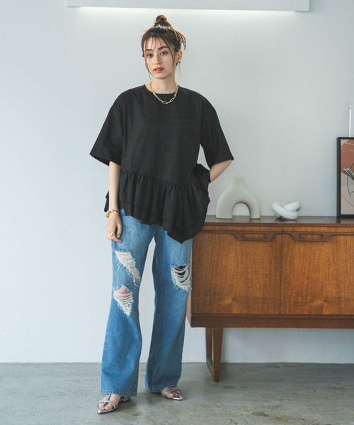 bohmal(ボマール)の「ブロードペプラムハーフスリーブブラウス(Tシャツ/カットソー・レディース・ブラック/ホワイト・MEDIUM)」の22枚目の写真