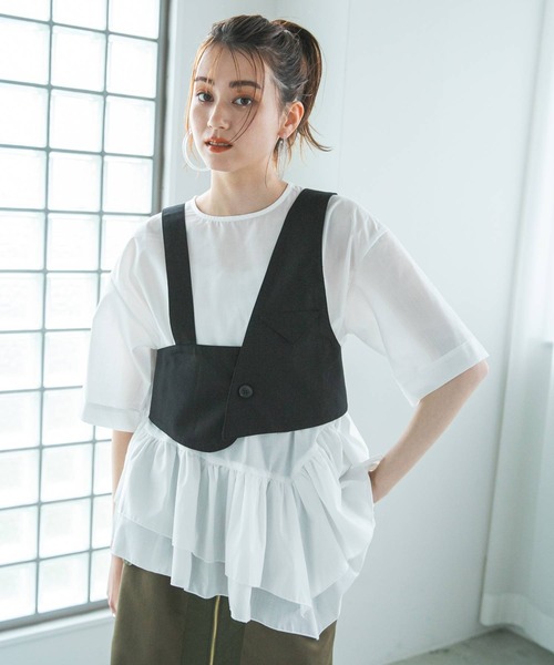 bohmal(ボマール)の「ブロードペプラムハーフスリーブブラウス(Tシャツ/カットソー・レディース・ブラック/ホワイト・MEDIUM)」の9枚目の写真