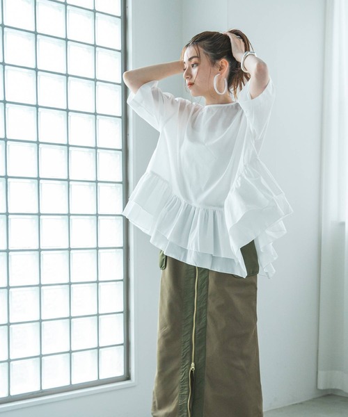 bohmal(ボマール)の「ブロードペプラムハーフスリーブブラウス(Tシャツ/カットソー・レディース・ブラック/ホワイト・MEDIUM)」の3枚目の写真