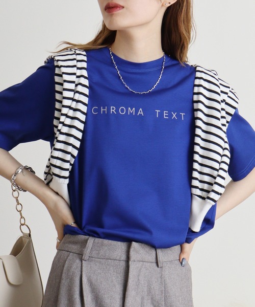 EGLANTINE（エグランティーヌ）の「EGLANTINE シンプルロゴＴシャツ（Tシャツ/カットソー・レディース・サーモンピンク/ライム/グリーン/オフホワイト/ブラック/ロイヤルブルー・40）」の5枚目の写真