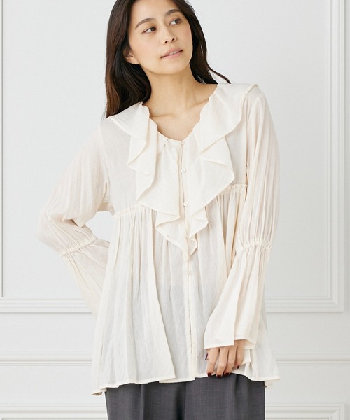 INED CLARO（イネドクラロ）の「TR強撚気流染め フリルブラウス（シャツ/ブラウス・レディース・ブラウン/アイボリー・フリー）」の2枚目の写真