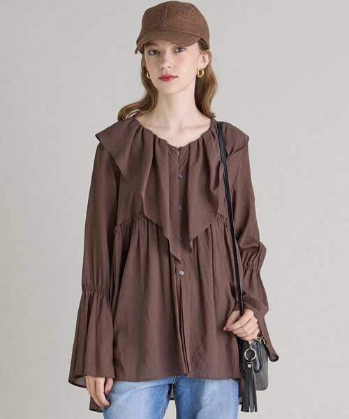 INED CLARO（イネドクラロ）の「TR強撚気流染め フリルブラウス（シャツ/ブラウス・レディース・ブラウン/アイボリー・フリー）」の3枚目の写真