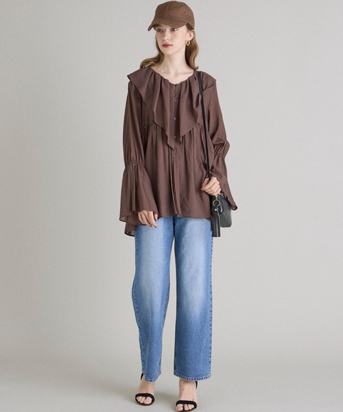 INED CLARO（イネドクラロ）の「TR強撚気流染め フリルブラウス（シャツ/ブラウス・レディース・ブラウン/アイボリー・フリー）」の5枚目の写真