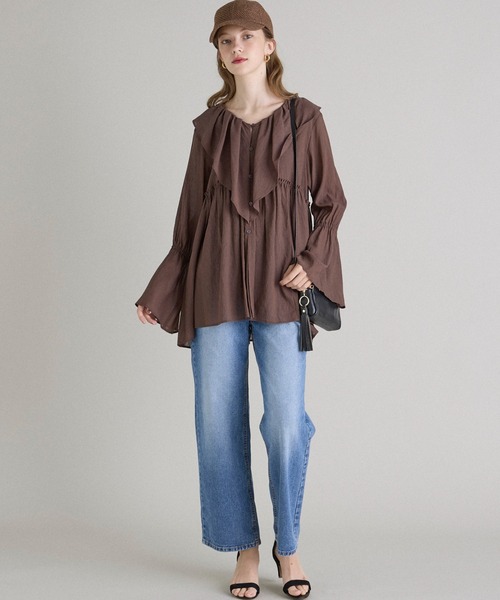 INED CLARO（イネドクラロ）の「TR強撚気流染め フリルブラウス（シャツ/ブラウス・レディース・ブラウン/アイボリー・フリー）」の6枚目の写真