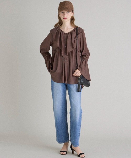 INED CLARO（イネドクラロ）の「TR強撚気流染め フリルブラウス（シャツ/ブラウス・レディース・ブラウン/アイボリー・フリー）」の7枚目の写真