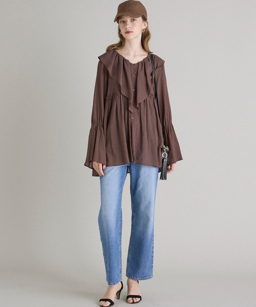 INED CLARO（イネドクラロ）の「TR強撚気流染め フリルブラウス（シャツ/ブラウス・レディース・ブラウン/アイボリー・フリー）」の8枚目の写真