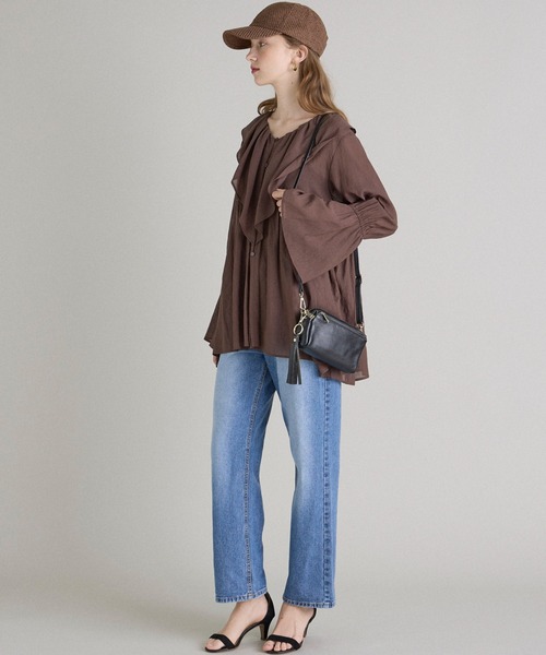 INED CLARO（イネドクラロ）の「TR強撚気流染め フリルブラウス（シャツ/ブラウス・レディース・ブラウン/アイボリー・フリー）」の9枚目の写真