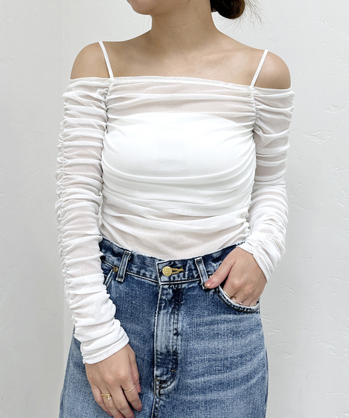 【セール】チュールギャザーオフショルトップス（Tシャツ/カットソー）｜U by SPICK&SPAN（ユーバイスピックアンドスパン）
