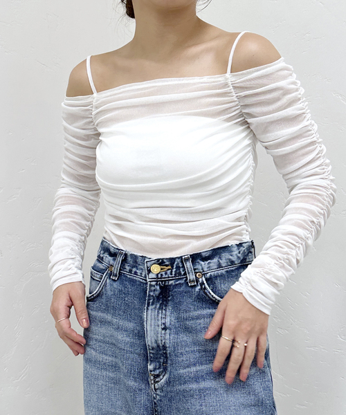 【セール】チュールギャザーオフショルトップス（Tシャツ/カットソー）｜U by SPICK&SPAN（ユーバイスピックアンドスパン）