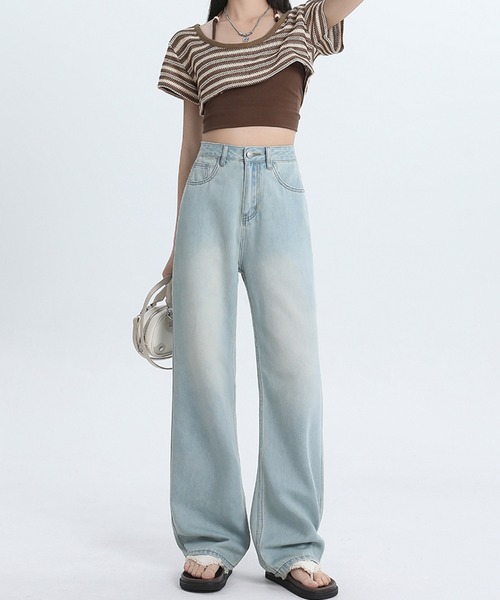aimoha(アイモハ)の「【Aimoha】ワイドストレートジーンズ(デニムパンツ・レディース・ライトグリーン/ライトブルー・SMALL/MEDIUM/LARGE)」の4枚目の写真