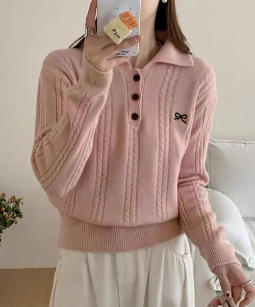 Girly Doll(ガーリードール)の「ポロカラーリボン刺繍ケーブルニット(ニット/セーター・レディース・モカ/ピンク/オフホワイト/グレー/ブラック・F)」の5枚目の写真