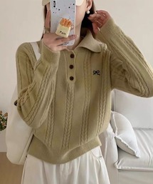 ポロカラーリボン刺繍ケーブルニット