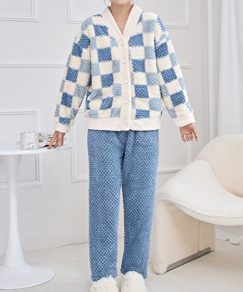 セール】配色 チェック Vネック フリース ルームウエア（ルームウェア