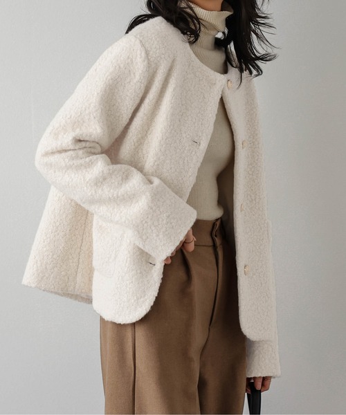 セール】ウールライク ノーカラージャケット（ノーカラー