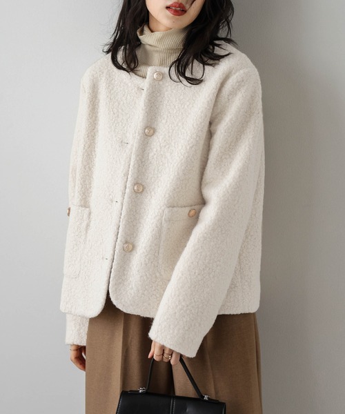 セール】ウールライク ノーカラージャケット（ノーカラー