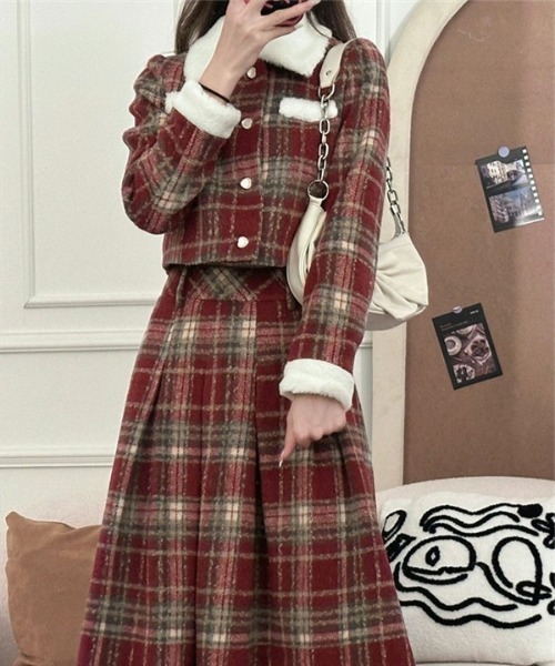 Y2K 【セットアップ】チェック柄中棉 ジャケット×チェックプリーツ