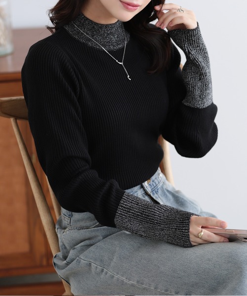 セール】袖切り替えハイネックニット（ニット/セーター