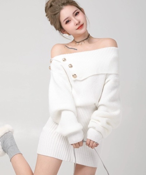 DALLA（ダラ）の「point botann off-shoulder one-piece（ワンピース・レディース・ホワイト/ブラック/グレー・MEDIUM/SMALL/X-SMALL）」の14枚目の写真