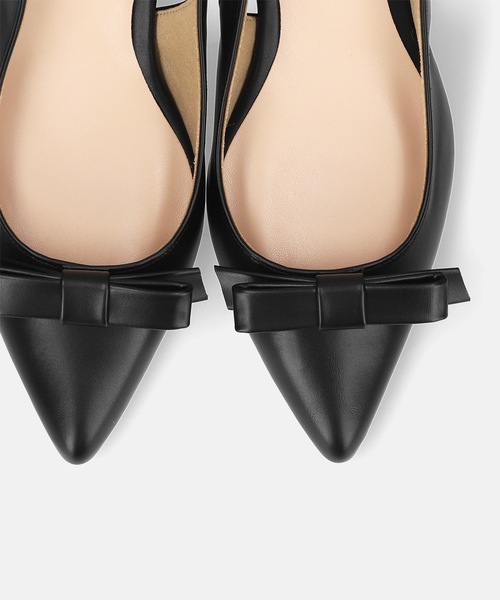 美品　ミラオーウェン　黒リボン　バックストラップ　ポインテッド　ヒール　パンプス 美品 ミラオーウェン 黒リボン バックストラップ ポインテッド