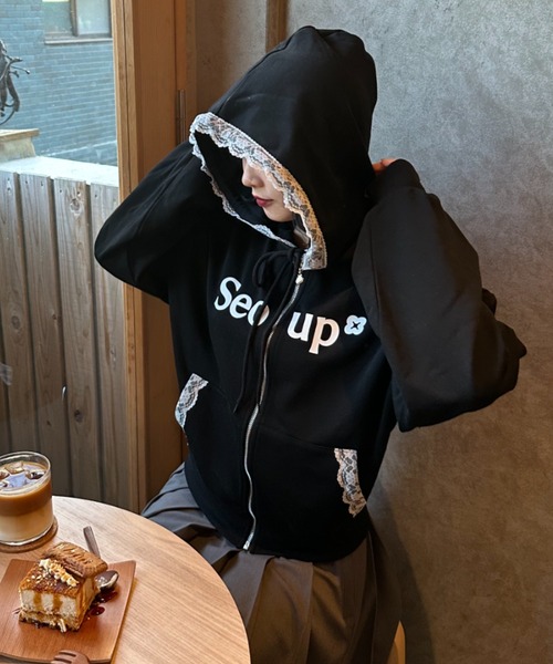 nemne store（ネンネストア）の「【seoup】レースジップフーディ（パーカー・レディース・オフホワイト/杢グレー/ブラック・MEDIUM/SMALL）」の8枚目の写真